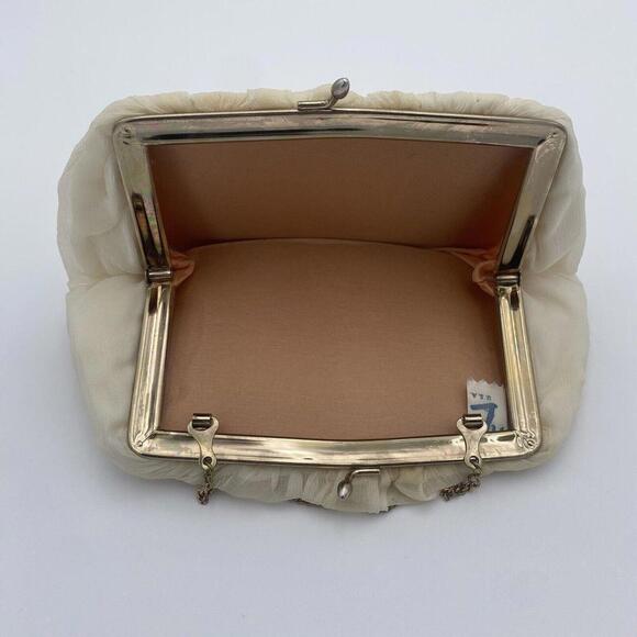 Vintage Cream Chiffon Fabric USA Clutch Evening Bag Gold Hardware Purse - Picture 10 of 12